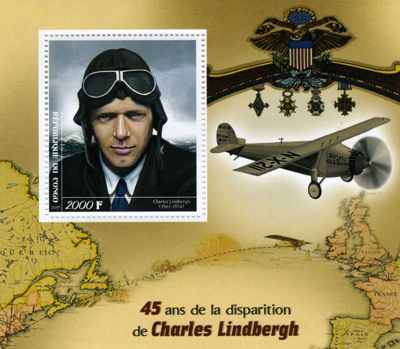 Congo 2019 CHARLES LINDBERGH Airplane s/s Perforated Mint (NH) #1