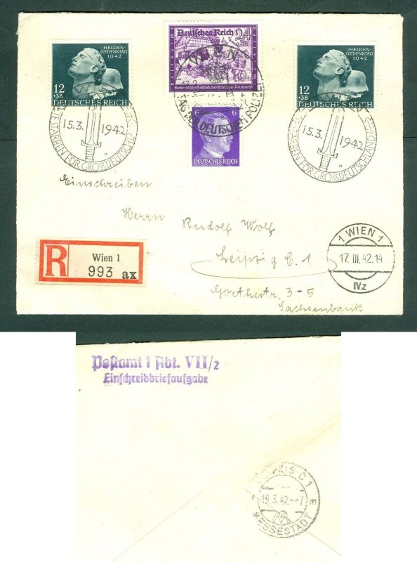 Germany. 1942 Third Reich Cover. Reg: Wien 993. Sc# 2 x B 202 +B 158A + 6 Pf. 