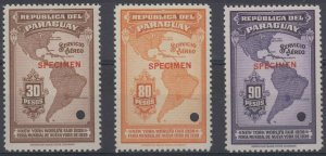 PARAGUAY 1939 MAP & NY WORLD FAIR Sc C124-C126 SET PERF PROOFS + “SPECIMEN” MNH 