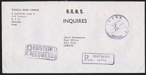 TONGA 1991 OHMS registered Official Paid cover to VANUATU..................B1028