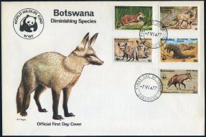 Botswana 182-186 FDC. Mi 182-186. WWF 1977. Clawless otter, Serval, Foxes,Hyena.