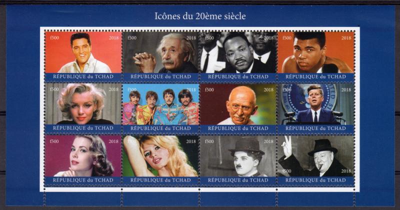 Chad 2018 Icons of 20th.Century/Churchill/Kennedy/Gandhi/Einstein Shlt (12) MNH