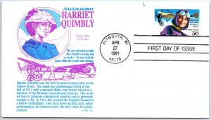 US FIRST DAY COVER HARRIET QUIMBLY AVIATION PIONEER ON GAMM CACHET 1991