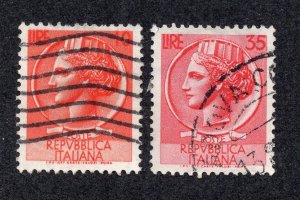 Italy 1953 10 l & 35 l Italia, Scott 627, 631 used, value = 50c