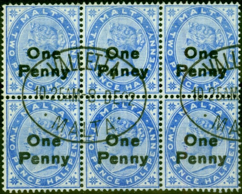 Malta 1902 1d on 2 1/2d Dull Blue SG36 & 36b Pnney Error in a VFU Block of 6