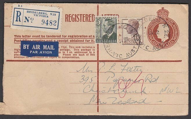 AUSTRALIA 1952 GVI 1/0½d registered envelope uprated airmail to NZ...... ...N605 