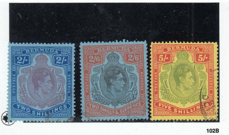 BERMUDA # 123-125  VF-USED 2,2/6,5sh KING GEORGE VI /ULTRA/RED/YEL CAT VALUE $36