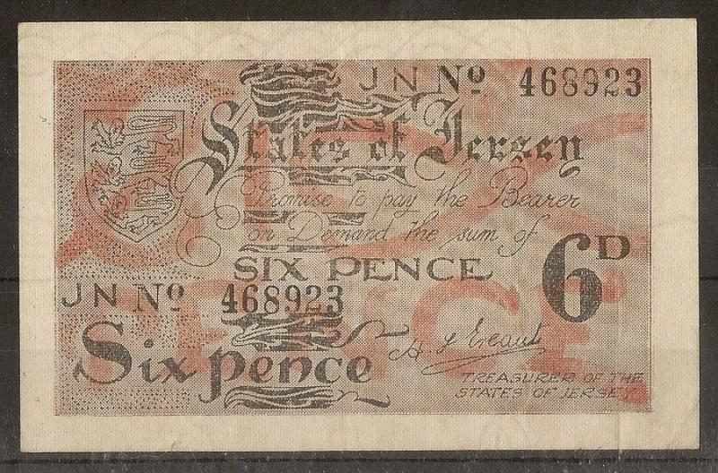 Jersey 6d WW2 Occupation Banknote - No. 468923