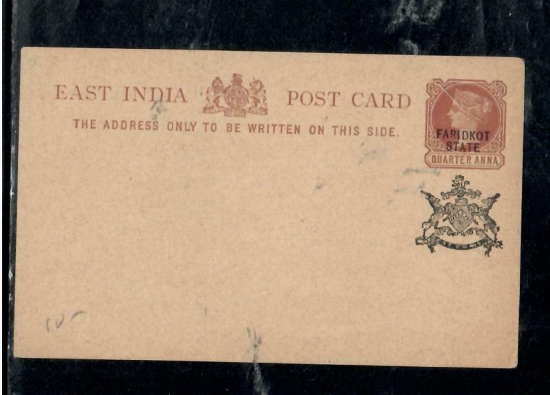 INDIA FARIDKOT COVER (P2206B) QV PSC 1/4A  BLACK SUN   UNUSED