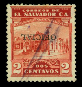 EL SALVADOR 1927 OFFICIALS  Gymnasium 2c red Sc# O353 used INVERTED ovpt. w/Cert