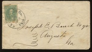 Confederate States 1 Used on Cover SAVANNAH TO AUGUSTA GEORGIA LV5014