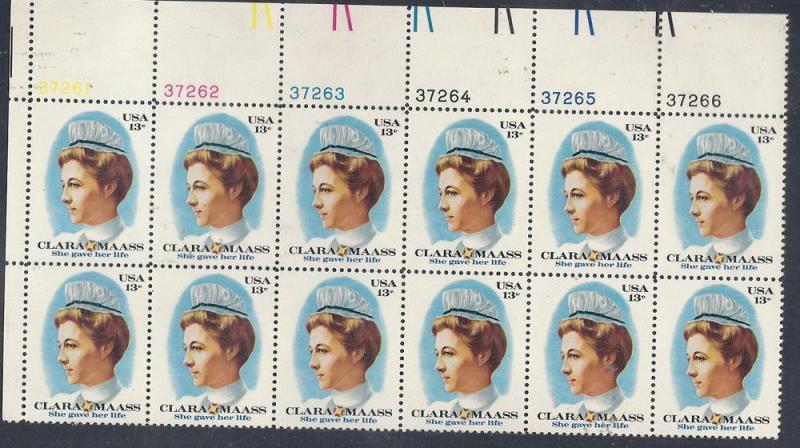 US#1699 13c Clara Maass Plate block of 12  CV $4.00