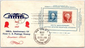 U.S. FIRST DAY COVER US POSTAGE STAMP CENTENARY WITH EXHIBIT SOUVENIR SHEET 1947