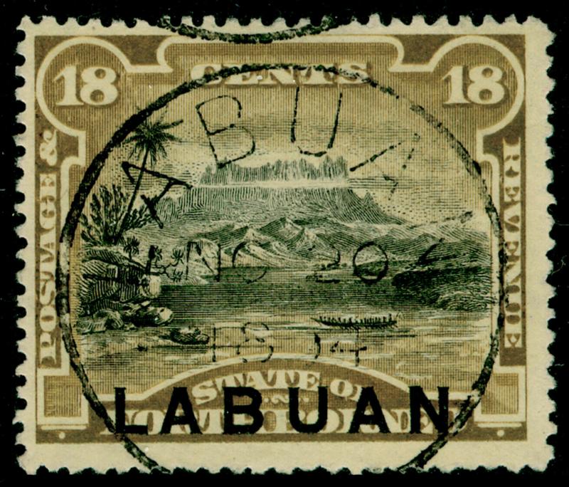 LABUAN SG71, 18c olive-brown, VFU. Cat £60. P.14½-15.