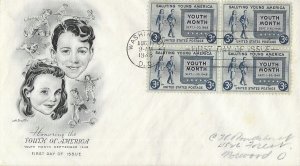 1948 FDC, #963, 3c Saluting Young America, Artmaster, block of 4