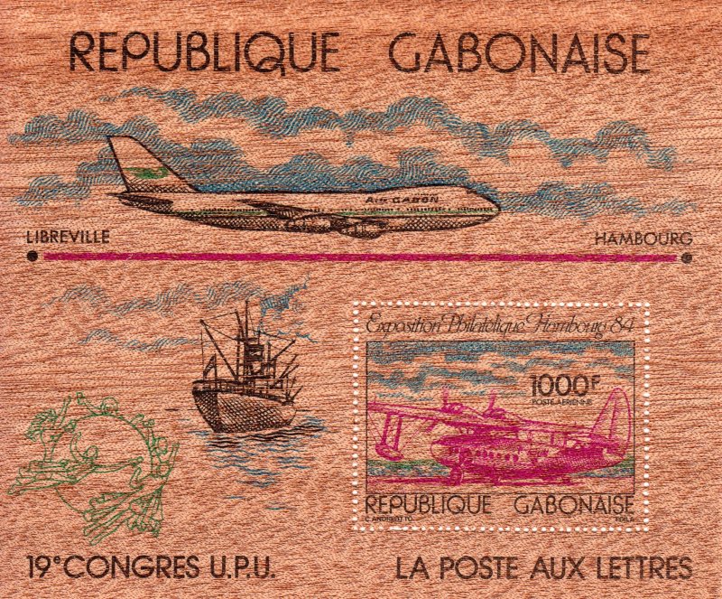 Gabon 1984 Sc#C268A Aircrafts/UPU Congress/Ship Souvenir Sheet in Wood MNH