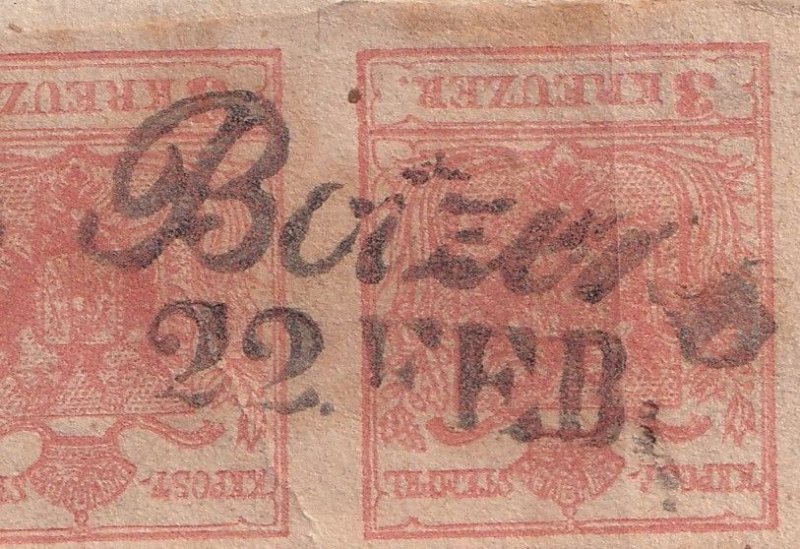 Osterreich (Austria) Fragment_1850_3 Kreuzer strip(x3)_ 22 Feb. + PO cancel