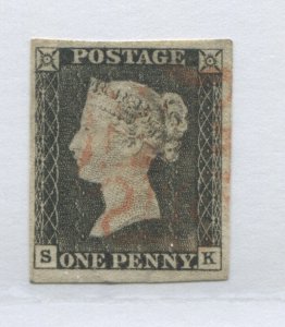 1840 Penny Black SK Plate 1a with 4 huge margins and red MX an choice stamp