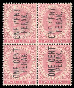 Malayan States - Perak #14 Cat$300+, 1891 1c on 2c rose, block of four, hinged