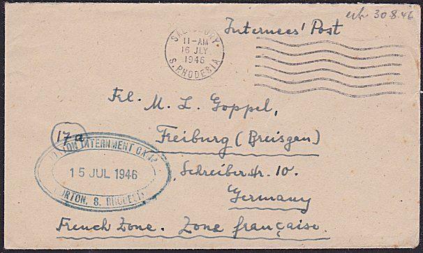 SOUTHERN RHODESIA 1946 cover ex NORTON INTERNMENT CAMP to Germany...........5056