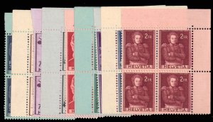 Switzerland #270-278 Cat$200, 1941-59 50c-2fr, complete set in blocks of four...