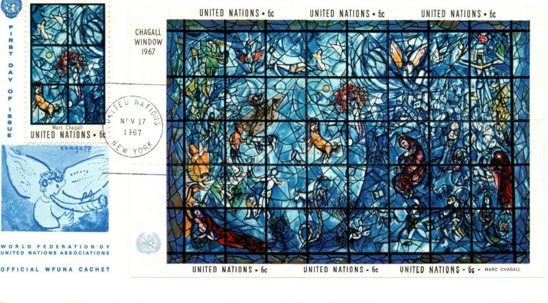 Stained Glass Memorial Window by Marc Chagall at UN Headquarters Scott 179 & 180