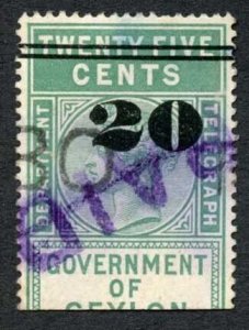 Ceylon Telegraph SGT30 20c on 25c Green Type T25 2 with blunt toe