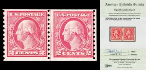 Scott 453 1914 2c Washington Line Pair Mint Fine OG NH Cat $1,600 with APEX CERT