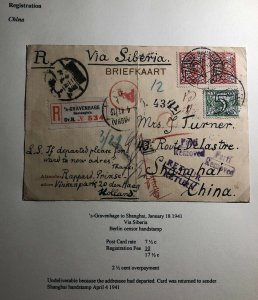 1941 The Hague Netherlands Postcard Censored Cover To Shanghai China Via Siberia