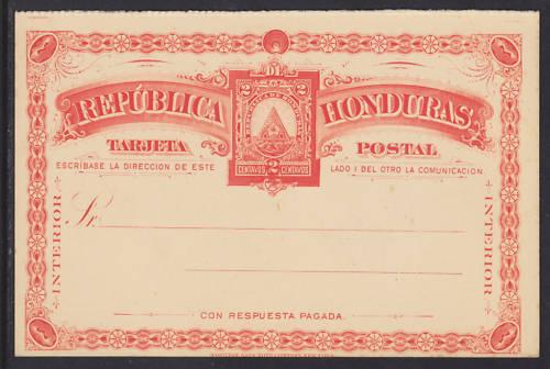 Honduras H&G 7 mint 1890 2c red on yellow Postal Reply Card,