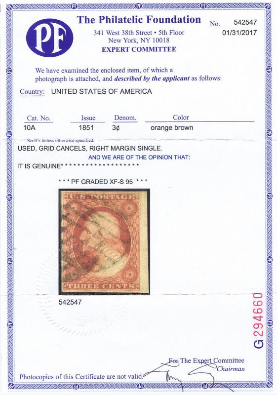 SC# 10A USED 3c WASHINGTON, 1851, GRID CANCELS, RT MARGIN, PF CERT GRADED 95  