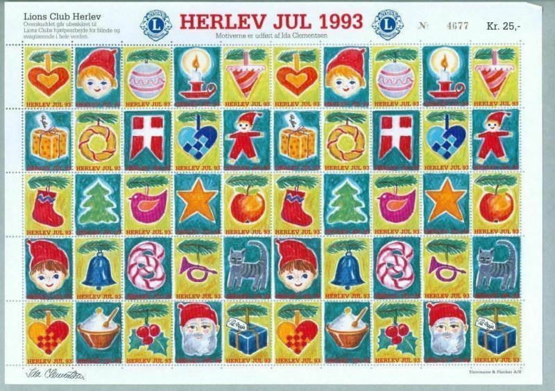 Denmark. Christmas Sheet Mnh 1993. Lions Club. Local Herlev. Santa,Cat,Flag.Bird