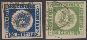 URUGUAY 1858 Sc 4-5 FOURNIER LITHO FORGERIES WITH OVAL CANCELS F,VF (CV$850) 