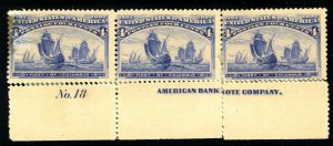 USAstamps Unused FVF US 1893 Columbian Expo Plate # Strip Sctt 233 OG MHR Faults