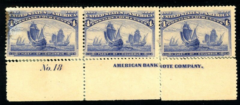 USAstamps Unused FVF US 1893 Columbian Expo Plate # Strip Sctt 233 OG MHR Faults