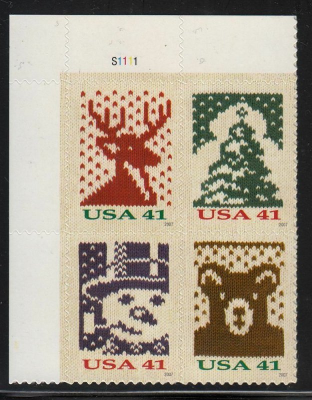 2007 Christmas Knits 41c Sc 4210b plate block of 4 plate number S1111 UL
