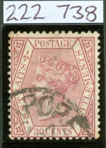 SG 69w Straits Settlements 1883-91 30c claret, WMK crown CA, variety inverted...