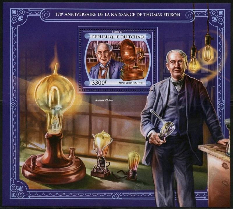 CHAD 2017 170th BIRTH  ANNIVERSARY OF THOMAS EDISON SOUVENIR SHEET MINT NH