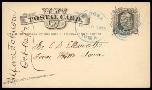 USA 1878 ELDORA Iowa Blue Cancel Postal Stationery Card Cover 96282