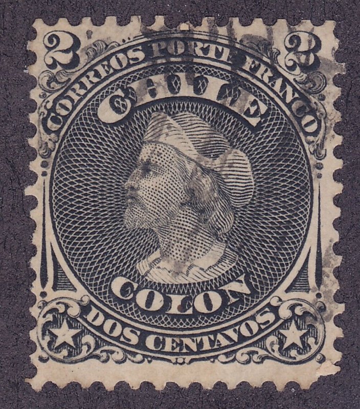 Chile16 Used 1867 2c Black Columbus Perf 12 Un-Watermarked Issue Very Fine