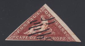 Cape of Good Hope Sc 12 used. 1863 1p dark carmine Seated Hope triangular