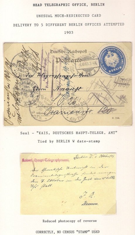 1903 Deutschland Berlin HAUPT-TELEGR.AMT Postkarte Germany Telegraphic Office