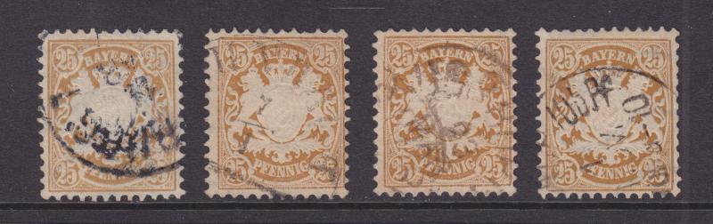 Bavaria Sc 43 used 1876 25pf brown, 4 diff shades VF