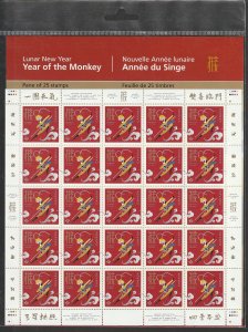 2016 Canada - Sc 2884 - MNH VF - Full Pane - Year of the Monkey - Monkey King