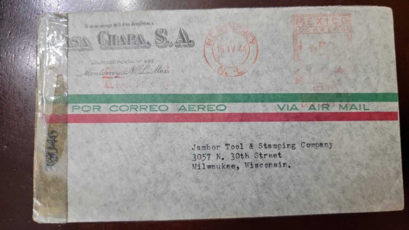 O) 1944 MEXICO, MONTERREY,  CENSORSHIP, METERSTAMP,  AIRMAIL,  CIRCULATED TO WIN