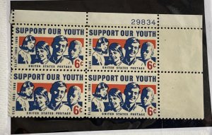 US1968 Support Our Youth #1342 plt blk of 4 mint