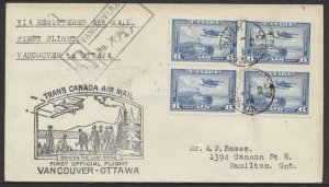 1939 Flight Cover Registered Vancouver BC to Ottawa #C6 Block