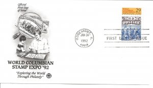 US Scott #2616, First Day Cover 1/24/92 Rosemont Single Columbian Stamp Expo