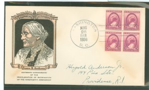 US 784 1936 3c Susan B. Anthony (Women's Suffrage) block of four on an addressed first day cover with a Linprint cachet.