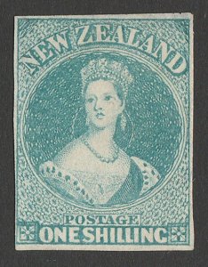 NEW ZEALAND 1857 QV Chalon 1/- blue-green imperf, no wmk. NZ cat $30,000. 